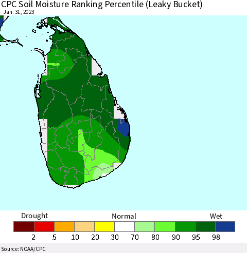 Sri Lanka CPC Calculated Soil Moisture Ranking Percentile Thematic Map For 1/26/2023 - 1/31/2023