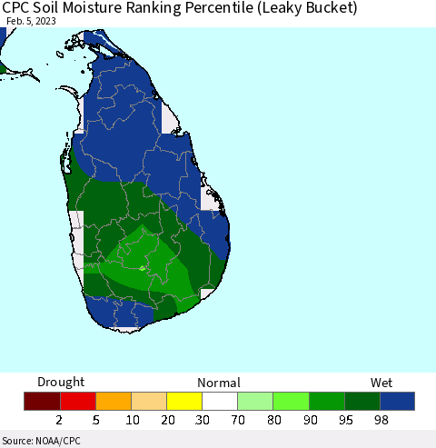 Sri Lanka CPC Calculated Soil Moisture Ranking Percentile Thematic Map For 2/1/2023 - 2/5/2023