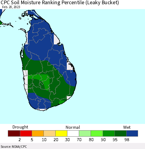 Sri Lanka CPC Soil Moisture Ranking Percentile (Leaky Bucket) Thematic Map For 2/16/2023 - 2/20/2023