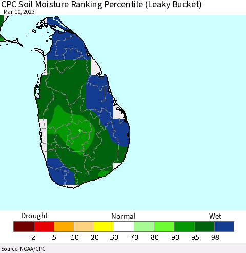 Sri Lanka CPC Calculated Soil Moisture Ranking Percentile Thematic Map For 3/6/2023 - 3/10/2023