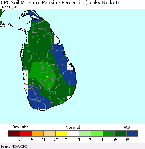 Sri Lanka CPC Calculated Soil Moisture Ranking Percentile Thematic Map For 3/11/2023 - 3/15/2023