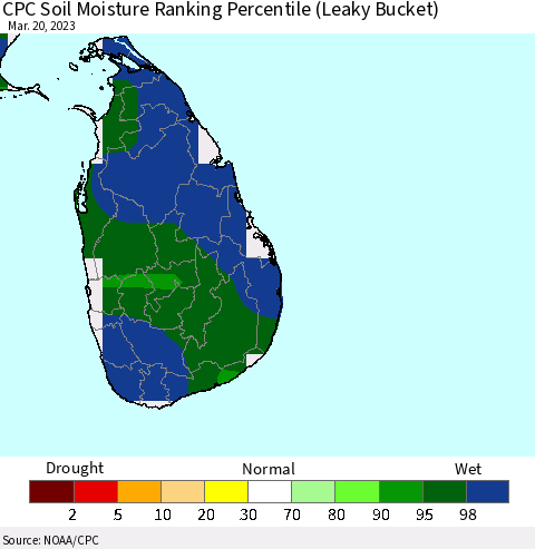 Sri Lanka CPC Calculated Soil Moisture Ranking Percentile Thematic Map For 3/16/2023 - 3/20/2023