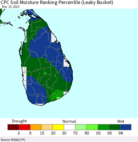 Sri Lanka CPC Soil Moisture Ranking Percentile (Leaky Bucket) Thematic Map For 3/21/2023 - 3/25/2023