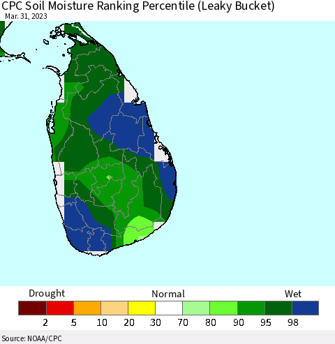 Sri Lanka CPC Soil Moisture Ranking Percentile (Leaky Bucket) Thematic Map For 3/26/2023 - 3/31/2023