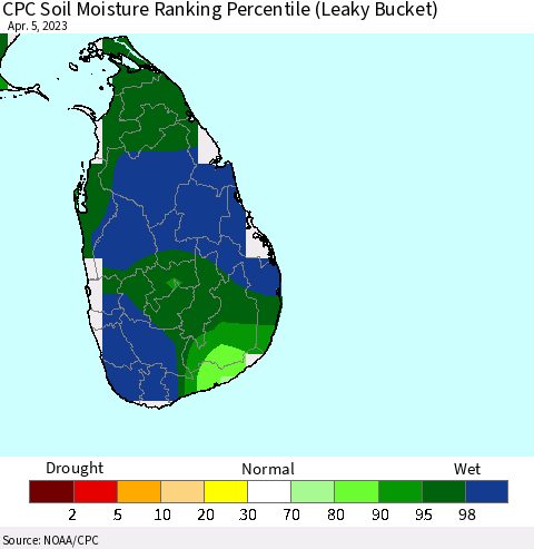 Sri Lanka CPC Soil Moisture Ranking Percentile (Leaky Bucket) Thematic Map For 4/1/2023 - 4/5/2023