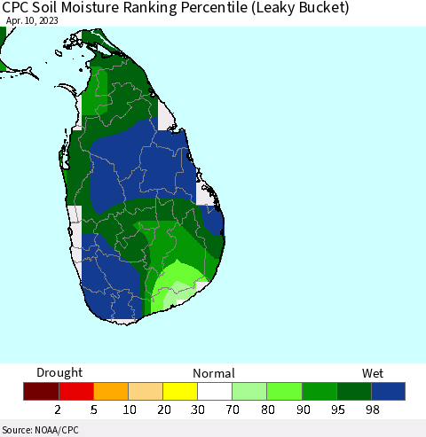 Sri Lanka CPC Soil Moisture Ranking Percentile (Leaky Bucket) Thematic Map For 4/6/2023 - 4/10/2023