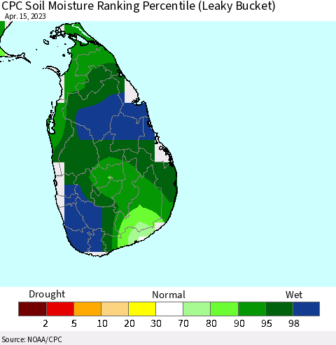 Sri Lanka CPC Soil Moisture Ranking Percentile (Leaky Bucket) Thematic Map For 4/11/2023 - 4/15/2023