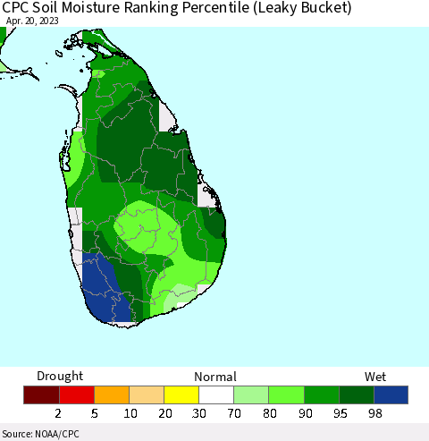 Sri Lanka CPC Soil Moisture Ranking Percentile (Leaky Bucket) Thematic Map For 4/16/2023 - 4/20/2023
