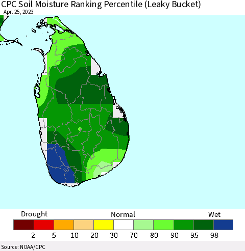Sri Lanka CPC Soil Moisture Ranking Percentile (Leaky Bucket) Thematic Map For 4/21/2023 - 4/25/2023