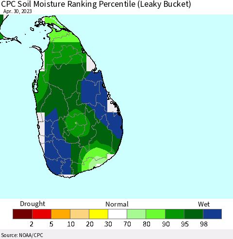 Sri Lanka CPC Soil Moisture Ranking Percentile (Leaky Bucket) Thematic Map For 4/26/2023 - 4/30/2023