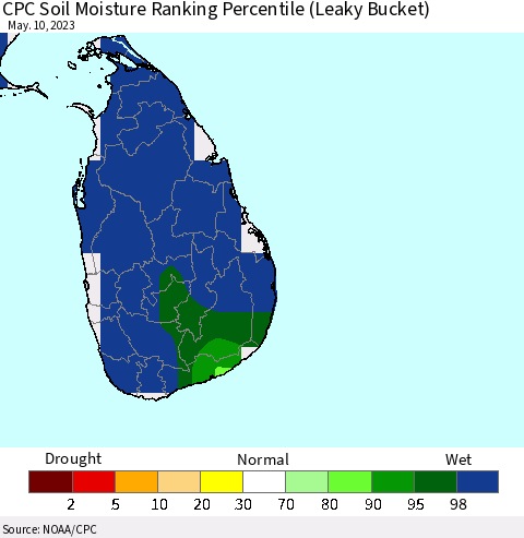 Sri Lanka CPC Soil Moisture Ranking Percentile (Leaky Bucket) Thematic Map For 5/6/2023 - 5/10/2023