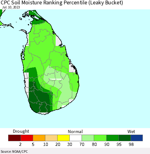 Sri Lanka CPC Soil Moisture Ranking Percentile Thematic Map For 7/6/2023 - 7/10/2023