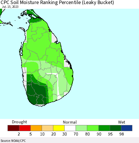 Sri Lanka CPC Soil Moisture Ranking Percentile Thematic Map For 7/11/2023 - 7/15/2023