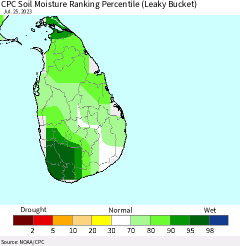 Sri Lanka CPC Soil Moisture Ranking Percentile (Leaky Bucket) Thematic Map For 7/21/2023 - 7/25/2023