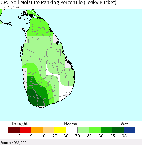 Sri Lanka CPC Soil Moisture Ranking Percentile (Leaky Bucket) Thematic Map For 7/26/2023 - 7/31/2023