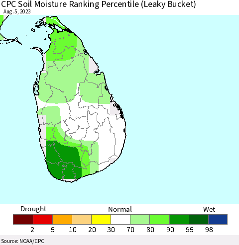 Sri Lanka CPC Soil Moisture Ranking Percentile (Leaky Bucket) Thematic Map For 8/1/2023 - 8/5/2023