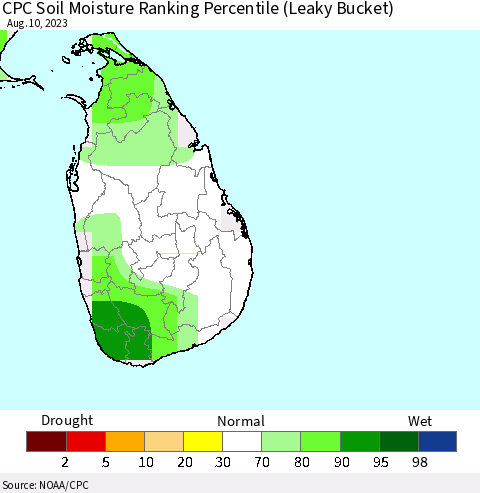 Sri Lanka CPC Soil Moisture Ranking Percentile (Leaky Bucket) Thematic Map For 8/6/2023 - 8/10/2023