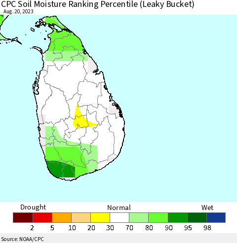 Sri Lanka CPC Soil Moisture Ranking Percentile Thematic Map For 8/16/2023 - 8/20/2023