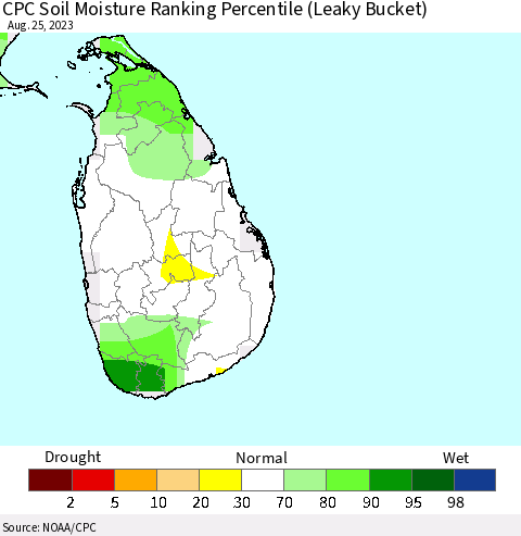 Sri Lanka CPC Soil Moisture Ranking Percentile Thematic Map For 8/21/2023 - 8/25/2023