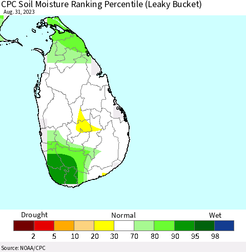 Sri Lanka CPC Soil Moisture Ranking Percentile (Leaky Bucket) Thematic Map For 8/26/2023 - 8/31/2023