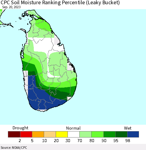 Sri Lanka CPC Soil Moisture Ranking Percentile (Leaky Bucket) Thematic Map For 9/16/2023 - 9/20/2023