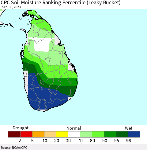 Sri Lanka CPC Soil Moisture Ranking Percentile (Leaky Bucket) Thematic Map For 9/26/2023 - 9/30/2023
