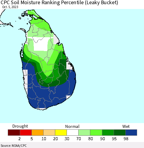Sri Lanka CPC Soil Moisture Ranking Percentile (Leaky Bucket) Thematic Map For 10/1/2023 - 10/5/2023