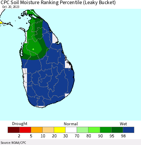 Sri Lanka CPC Soil Moisture Ranking Percentile Thematic Map For 10/16/2023 - 10/20/2023