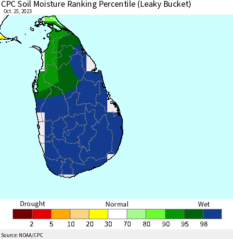 Sri Lanka CPC Soil Moisture Ranking Percentile (Leaky Bucket) Thematic Map For 10/21/2023 - 10/25/2023