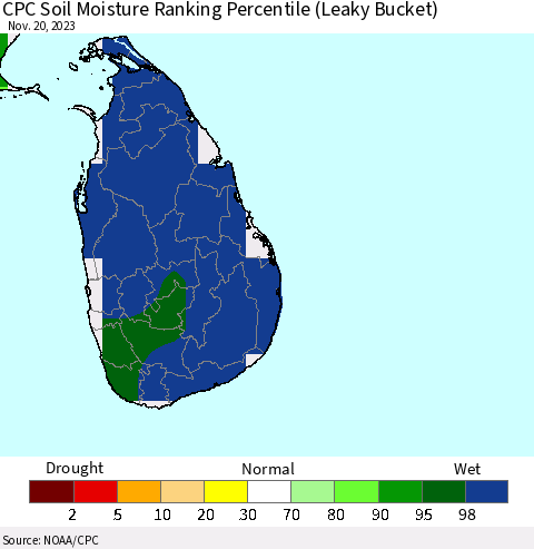 Sri Lanka CPC Soil Moisture Ranking Percentile (Leaky Bucket) Thematic Map For 11/16/2023 - 11/20/2023