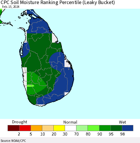 Sri Lanka CPC Soil Moisture Ranking Percentile (Leaky Bucket) Thematic Map For 2/11/2024 - 2/15/2024
