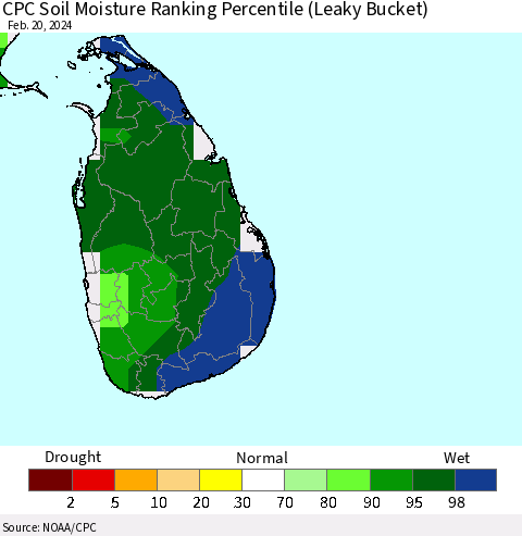 Sri Lanka CPC Soil Moisture Ranking Percentile (Leaky Bucket) Thematic Map For 2/16/2024 - 2/20/2024