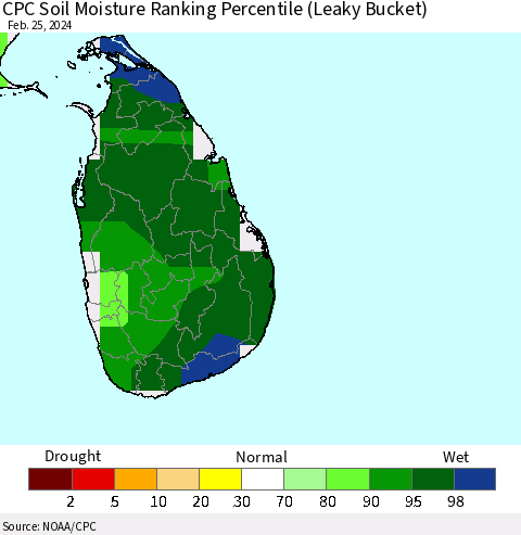Sri Lanka CPC Soil Moisture Ranking Percentile (Leaky Bucket) Thematic Map For 2/21/2024 - 2/25/2024