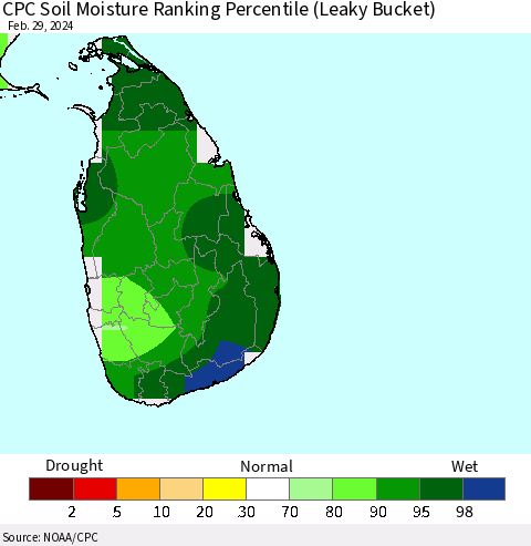 Sri Lanka CPC Soil Moisture Ranking Percentile (Leaky Bucket) Thematic Map For 2/26/2024 - 2/29/2024