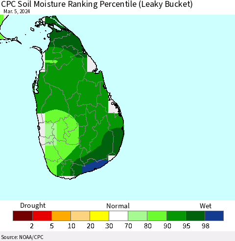 Sri Lanka CPC Soil Moisture Ranking Percentile (Leaky Bucket) Thematic Map For 3/1/2024 - 3/5/2024