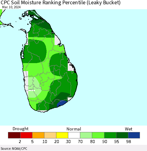 Sri Lanka CPC Soil Moisture Ranking Percentile (Leaky Bucket) Thematic Map For 3/6/2024 - 3/10/2024