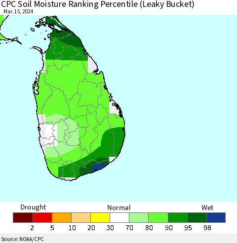 Sri Lanka CPC Soil Moisture Ranking Percentile (Leaky Bucket) Thematic Map For 3/11/2024 - 3/15/2024
