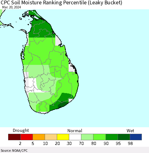 Sri Lanka CPC Soil Moisture Ranking Percentile (Leaky Bucket) Thematic Map For 3/16/2024 - 3/20/2024