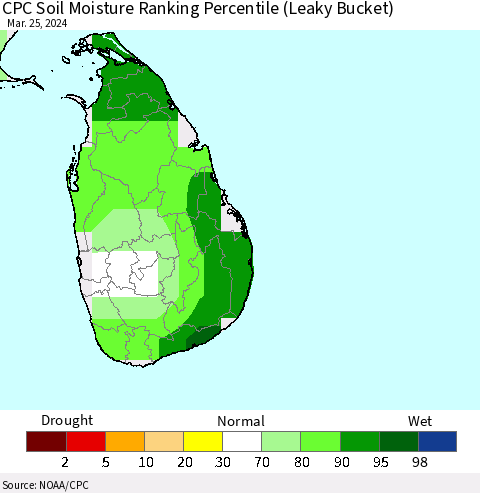 Sri Lanka CPC Soil Moisture Ranking Percentile (Leaky Bucket) Thematic Map For 3/21/2024 - 3/25/2024