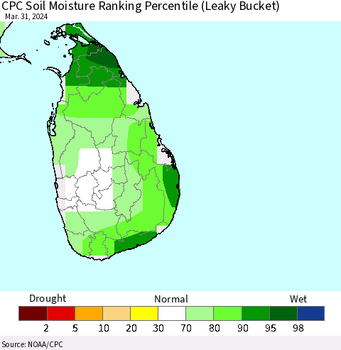 Sri Lanka CPC Soil Moisture Ranking Percentile (Leaky Bucket) Thematic Map For 3/26/2024 - 3/31/2024