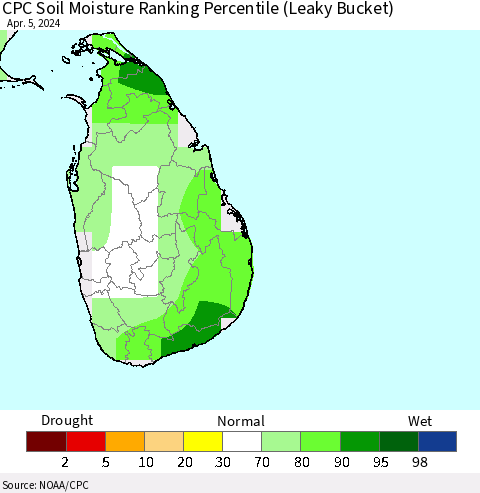 Sri Lanka CPC Soil Moisture Ranking Percentile (Leaky Bucket) Thematic Map For 4/1/2024 - 4/5/2024