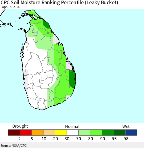 Sri Lanka CPC Soil Moisture Ranking Percentile (Leaky Bucket) Thematic Map For 4/11/2024 - 4/15/2024