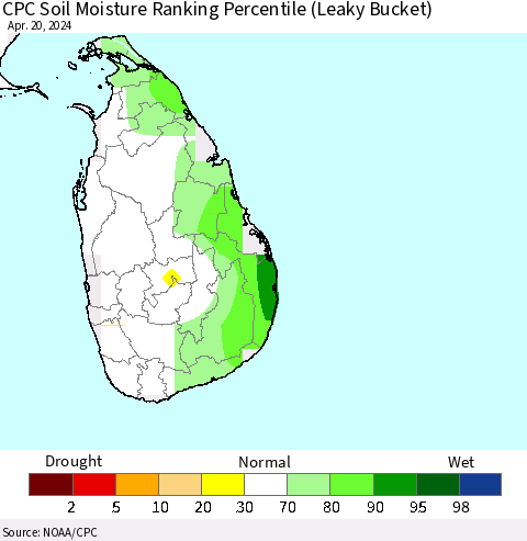 Sri Lanka CPC Soil Moisture Ranking Percentile (Leaky Bucket) Thematic Map For 4/16/2024 - 4/20/2024