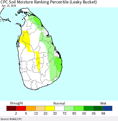 Sri Lanka CPC Soil Moisture Ranking Percentile (Leaky Bucket) Thematic Map For 4/21/2024 - 4/25/2024