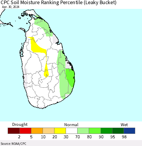 Sri Lanka CPC Soil Moisture Ranking Percentile (Leaky Bucket) Thematic Map For 4/26/2024 - 4/30/2024