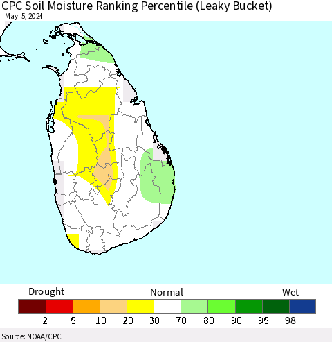 Sri Lanka CPC Soil Moisture Ranking Percentile (Leaky Bucket) Thematic Map For 5/1/2024 - 5/5/2024