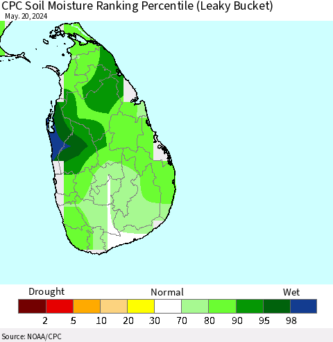 Sri Lanka CPC Soil Moisture Ranking Percentile (Leaky Bucket) Thematic Map For 5/16/2024 - 5/20/2024
