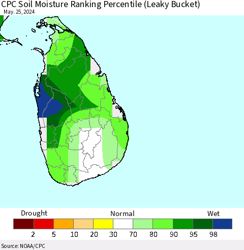 Sri Lanka CPC Soil Moisture Ranking Percentile (Leaky Bucket) Thematic Map For 5/21/2024 - 5/25/2024