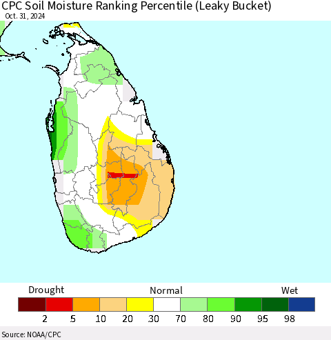 Sri Lanka CPC Soil Moisture Ranking Percentile (Leaky Bucket) Thematic Map For 10/26/2024 - 10/31/2024