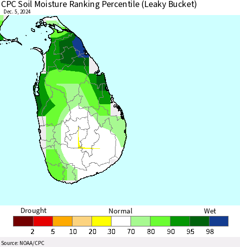 Sri Lanka CPC Soil Moisture Ranking Percentile (Leaky Bucket) Thematic Map For 12/1/2024 - 12/5/2024